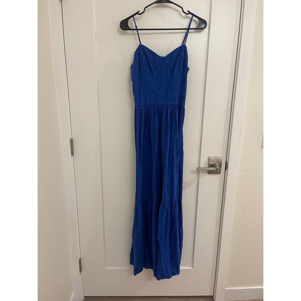 Linen Blend YFB Blue Tiered Maxi Dress Princess Cottagecore Prairie